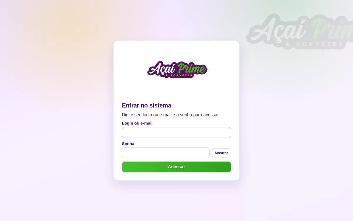 Tela de entrada do sistema Açaí Prime, clara, com o logo roxo e verde da açaíteria