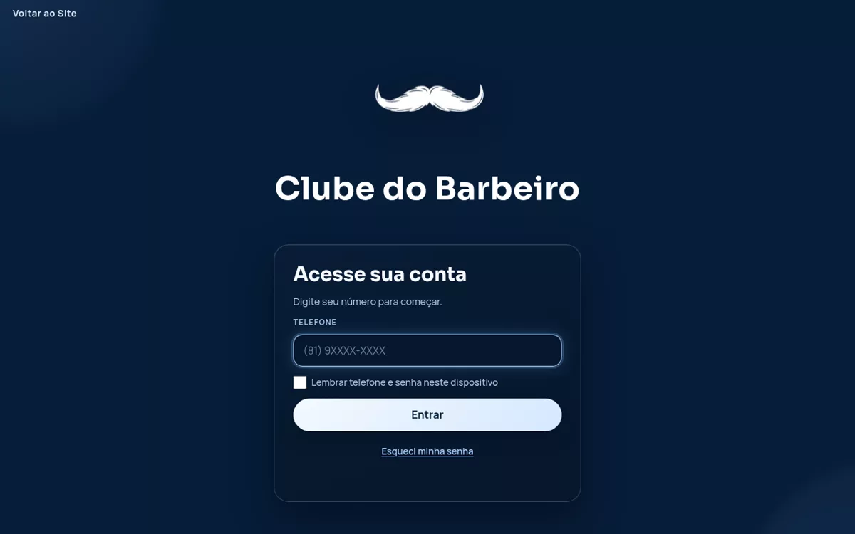 Tela de login do app Clube do Barbeiro, em tons de azul-marinho com o logo de bigode
